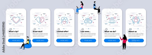 Love icons set. UI phone app screens with teamwork. Included icon as Marriage rings, Break up, Honeymoon cruise signs. Wedding glasses, Heart, Love couple line icons. Vector