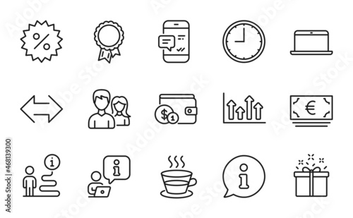 Fototapeta Naklejka Na Ścianę i Meble -  Line icons set. Included icon as Upper arrows, Time, Discount signs. Smartphone notification, Couple, Special offer symbols. Buying accessory, Laptop, Coffee cup. Success, Sync line icons. Vector