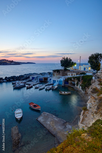 The picturesque fishing village of Mandrakia at sunset, Milos, Greece