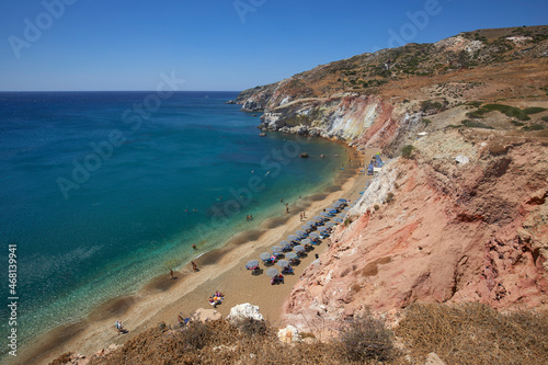 Elevated view of the golden Paliochori beach, Milos, Greece