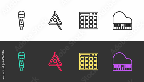 Set line Microphone, Triangle, Drum machine and Grand piano on black and white. Vector