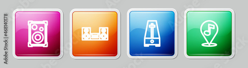 Set line Stereo speaker, Home stereo, Metronome with pendulum and Location musical note. Colorful square button. Vector