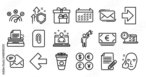 Online test, New mail and Delivery boxes line icons set. Secure shield and Money currency exchange. Euro currency, Correct answer and Messenger mail icons. Vector