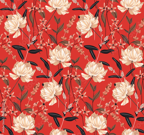 Seamless pattern with large white flowers on a red background. Composition of wildflowers, leaves and herbs. Vintage floral pattern in vector.