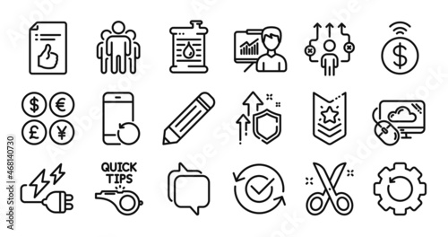 Pencil, Approved and Recovery phone line icons set. Secure shield and Money currency exchange. Messenger, Shoulder strap and Electricity plug icons. Vector