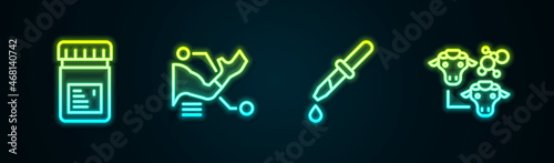 Set line Jar with additives, Prosthesis hand, Pipette and Cloning. Glowing neon icon. Vector