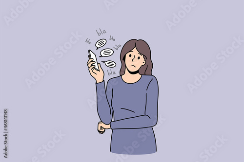 Upset young woman talk on cellphone feel bored by online communication, say blah blah in bubble. Unhappy girl annoyed bothered with smartphone conversation or call. Flat vector illustration. 