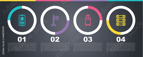 Set line E-ticket train, Road traffic signpost, Suitcase and Railway, railroad track. Business infographic template. Vector