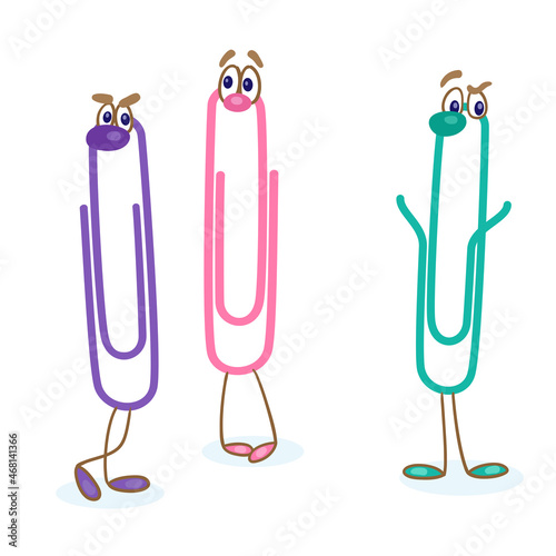 Three funny paper clips. In cartoon style. Isolated on white background. Vector illustration.