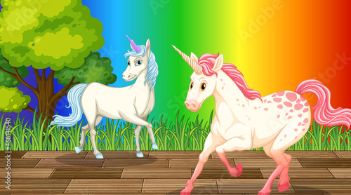Unicorns on rainbow gradient background