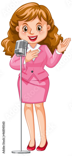 Female speaker with microphone on white background