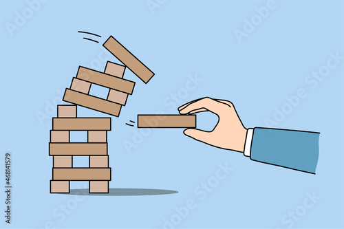 Man take wooden brick play wooden block jenga game. Businessman risk engaged in business startup or project. Male employee involved in playful activity. Mind brain train. Flat vector illustration. 