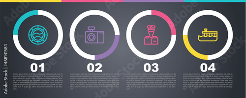 Set line Ship porthole with seascape, Photo camera, Captain of ship and Beach pier dock. Business infographic template. Vector