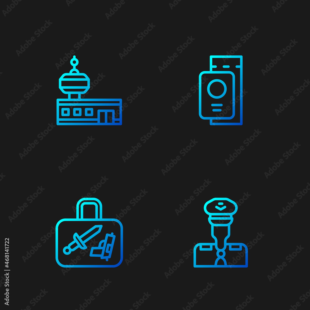 Set line Pilot, Suitcase, Airport control tower and Passport with ticket. Gradient color icons. Vector Set line Pilot, Suitcase, Airport control tower and Passport with ticket. Gradient color icons. Vector