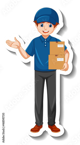 A sticker template with delivery man in uniform holding boxes