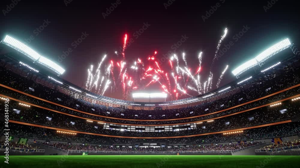 Colorful firework show on baseball park arena final championship major league with animated fan crowd. High quality 4k footage