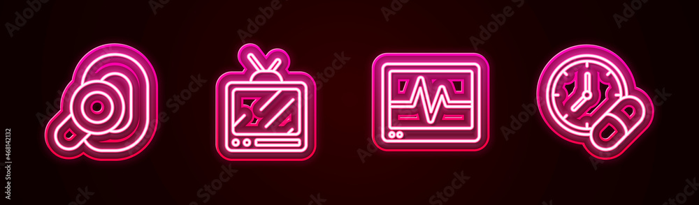 Set line Hearing aid, Retro tv, Monitor with cardiogram and Medicine pill tablet. Glowing neon icon. Vector Set line Hearing aid, Retro tv, Monitor with cardiogram and Medicine pill tablet. Glowing neon icon. Vector