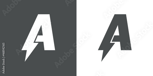 Símbolo energía eléctrica. Logotipo con letra inicial A con forma de relampago en fondo gris y fondo blanco