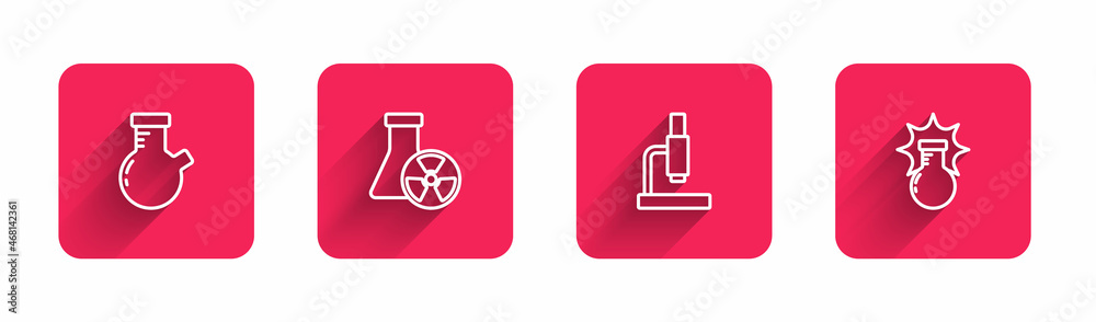 Set line Test tube and flask, radiation, Microscope and Chemical explosion with long shadow. Red square button. Vector Set line Test tube and flask, radiation, Microscope and Chemical explosion with long shadow. Red square button. Vector
