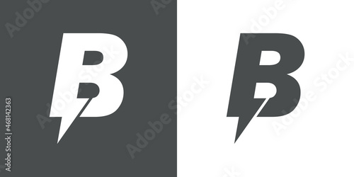 Símbolo energía eléctrica. Logotipo con letra inicial B con forma de relampago en fondo gris y fondo blanco