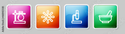 Set line Test tube flask on stand, Bacteria, Microscope and Mortar pestle. Colorful square button. Vector