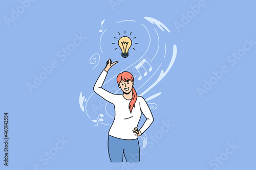 Smiling woman think brainstorm over creative idea or plan. Happy girl generate thoughts, engaged in finding solution. Creativity and innovation, problem solved concept. Flat vector illustration.