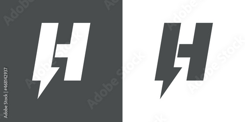 Símbolo energía eléctrica. Logotipo con letra inicial H con forma de relampago en fondo gris y fondo blanco
