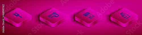 Set Isometric line Crutch or crutches, Ultrasound, Medicine bottle and pills and Hand sanitizer icon. Vector