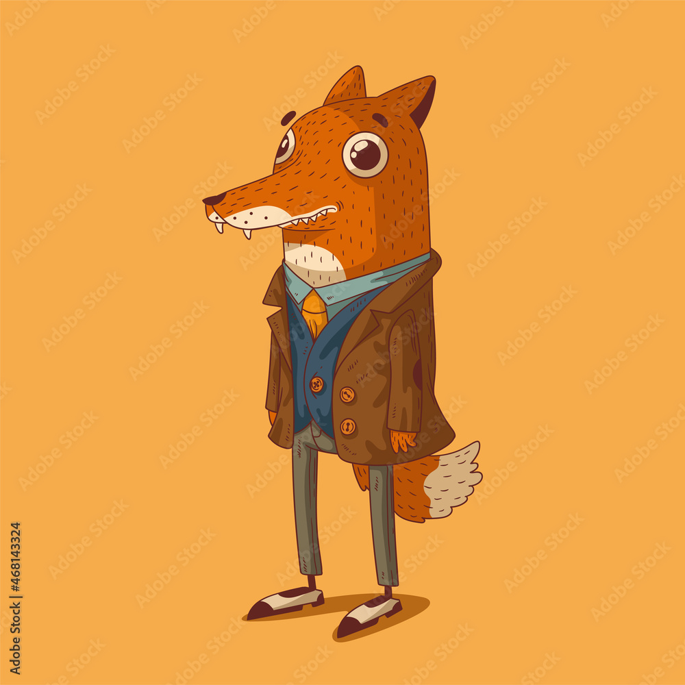 Sketch drawn vector illustration of humanized fox. Anthropomorphic fox