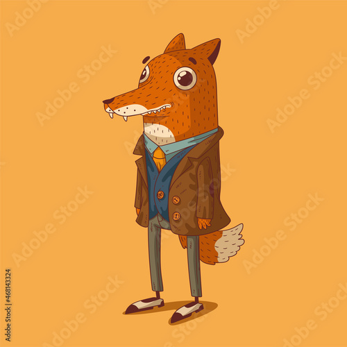 Sketch drawn vector illustration of humanized fox. Anthropomorphic fox. Trendy animal character with human body. Cheerful fox gentleman wearing a costume and retro shoes standing in full growth