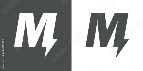 Símbolo energía eléctrica. Logotipo con letra inicial M con forma de relampago en fondo gris y fondo blanco