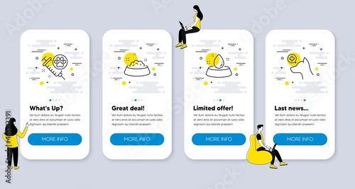 Set of Animals icons, such as Dog feeding, Water bowl, Dog vaccination icons. UI phone app screens with people. Veterinary clinic line symbols. Pets bowl, Pets feeding. Phone UI banners. Vector