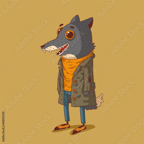 Sketch drawn vector illustration of humanized wolf dude. Anthropomorphic wolf. Trendy animal character with human body. Cheerful standing wolf wearing a longsleve, jeans, a coat and retro shoes