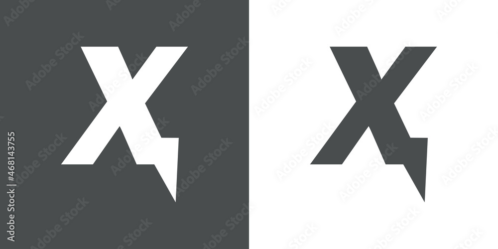 Símbolo energía eléctrica. Logotipo con letra inicial X con forma de relampago en fondo gris y fondo blanco Símbolo energía eléctrica. Logotipo con letra inicial X con forma de relampago en fondo gris y fondo blanco