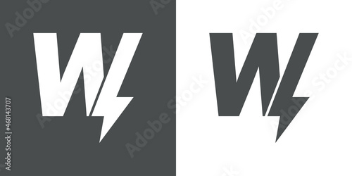 Símbolo energía eléctrica. Logotipo con letra inicial W con forma de relampago en fondo gris y fondo blanco