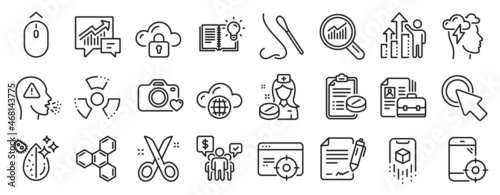 Set of Science icons  such as Photo camera  Medical prescription  Chemical hazard icons. Augmented reality  Nasal test  Nurse signs. Accounting  Teamwork  Seo targeting. Data analysis. Vector