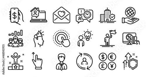Leadership, Apartment insurance and Teamwork results line icons set. Secure shield and Money currency exchange. Touchscreen gesture, Work home and Online shopping icons. Vector