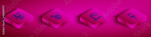 Set Isometric line Online class, Medal, Table lamp and Push pin icon. Vector