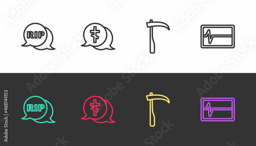Set line Speech bubble rip death, Grave with cross, Scythe and Beat dead in monitor on black and white. Vector