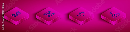 Set Isometric line Great wall of China, Decree, paper, parchment, scroll, Chinese tea ceremony and Dumpling icon. Vector