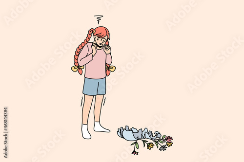 Unhappy little girl feel distressed break vase with flowers. Sad upset kid feel guilty for crashing pot into pieces. Naughty children, childhood concept. Flat vector illustration, cartoon, character. 