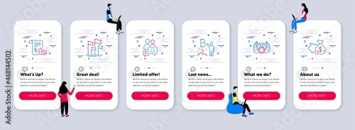 Vector Set of Business icons related to Flags, Communication and Bitcoin project icons. UI phone app screens with teamwork. Medical prescription, Laureate medal and Piggy bank line symbols. Vector