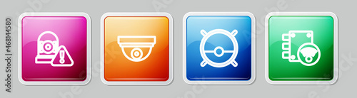 Set line Ringing alarm bell, Motion sensor, Robot vacuum cleaner and Digital door lock. Colorful square button. Vector