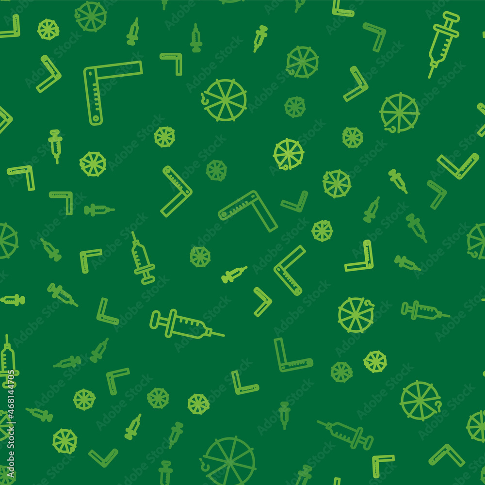 Set line Corner ruler, Syringe and Circle of pieces on seamless pattern. Vector Set line Corner ruler, Syringe and Circle of pieces on seamless pattern. Vector