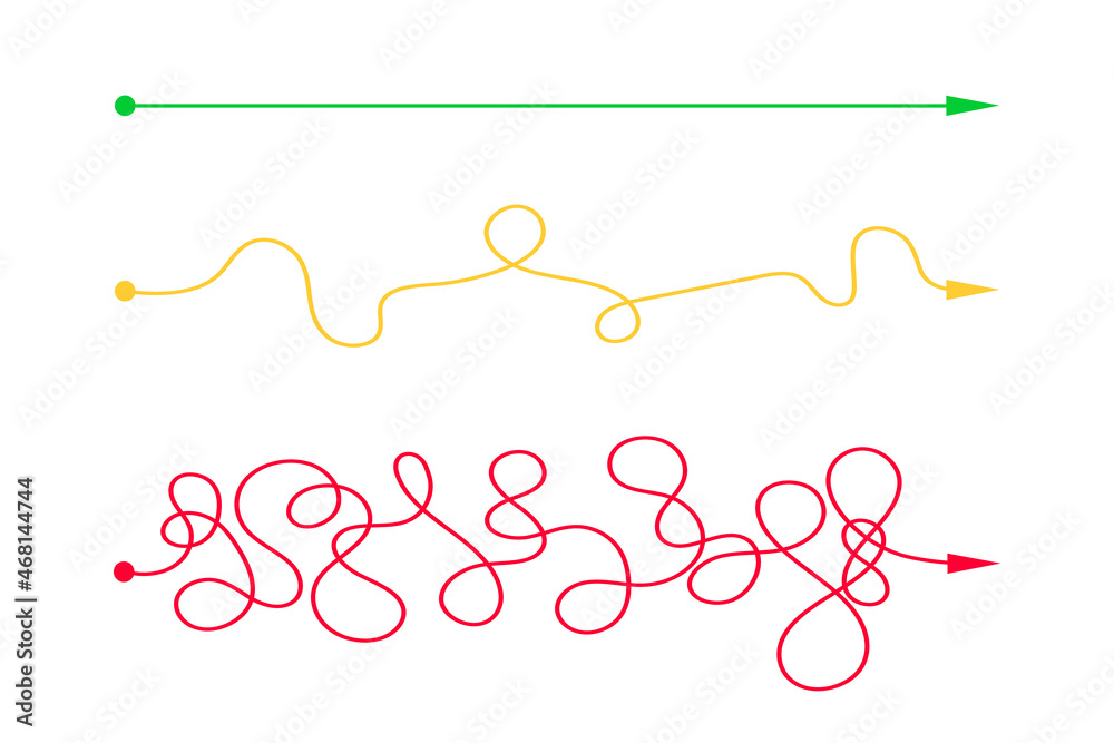 Straight and curved chaotic lines from start to finish points. Expectation and reality, easy and hard way concept. Different plans or life scenario symbols. Simple vector flat illustration. Straight and curved chaotic lines from start to finish points. Expectation and reality, easy and hard way concept. Different plans or life scenario symbols. Simple vector flat illustration.