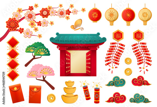 Japanese temple with open gates, set of papercuts, hanging lanterns and sakura blossom. Pine trees and firecrackers, clouds and gold bars, red hongbao confers and butterfly. Culture and landmark