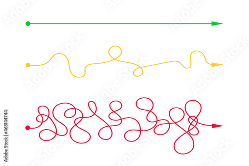 Straight and curved chaotic lines from start to finish points. Expectation and reality, easy and hard way concept. Different plans or life scenario symbols. Simple vector flat illustration.