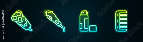 Set line Electric razor blade, Electrical hair clipper, Shaving gel foam and Hairbrush. Glowing neon icon. Vector