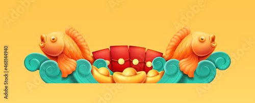 CNY carp or koi fish on waves with gold bars and wealth, red hongbao envelopes and 3d effect. Isolated chinese traditional art, aquatic animal and symbol of fortune and luck. Vector illustration