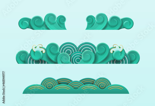 CNY sea or ocean waves 3D effect isolated set. Chinese traditional artwork, decorative ornament for greeting card or invitation. Happy new year symbols, wind blowing sign. Vector in flat style